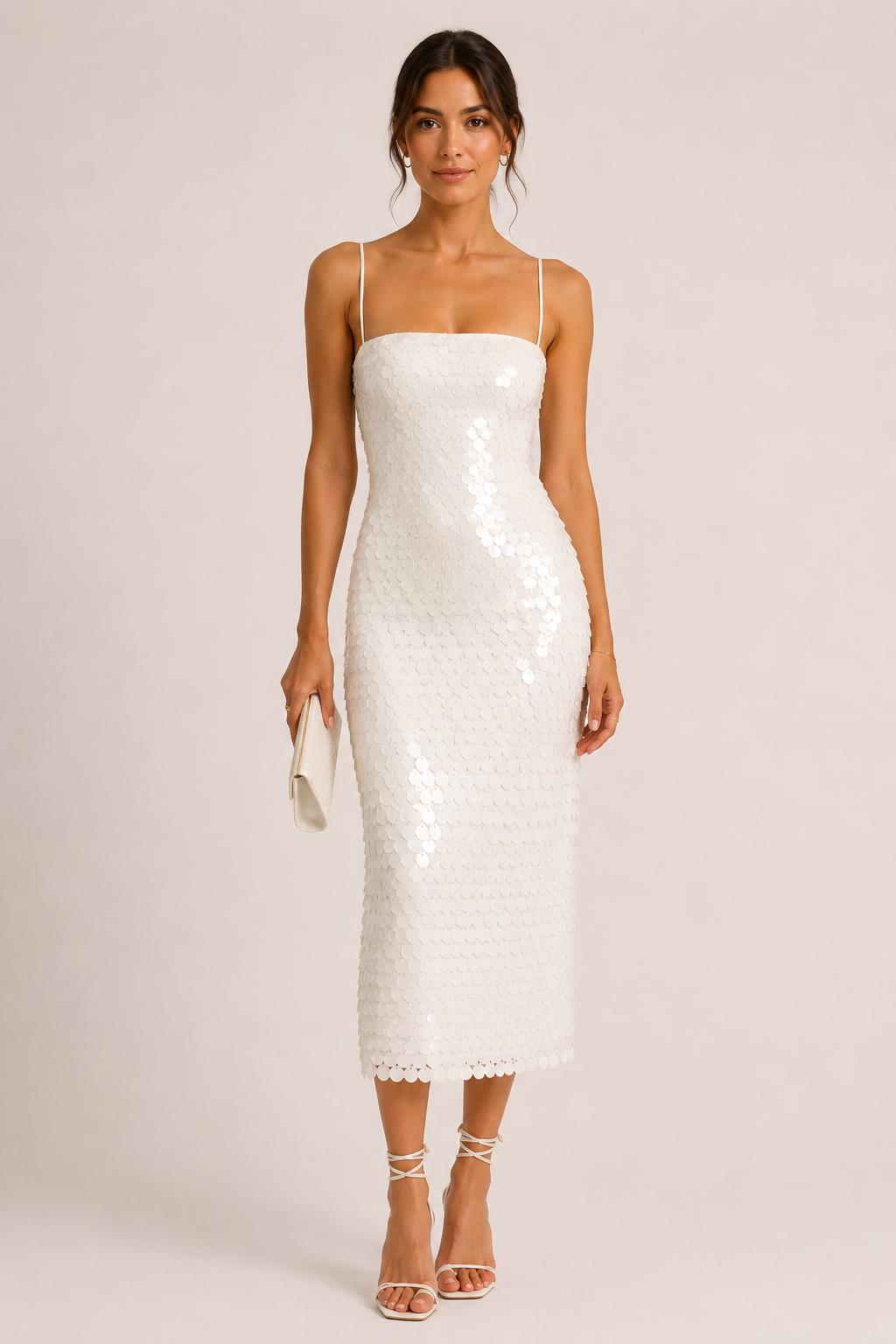 Vestido midi mujer cóctel lentejuelas tirantes finos silueta ceñida – Senta