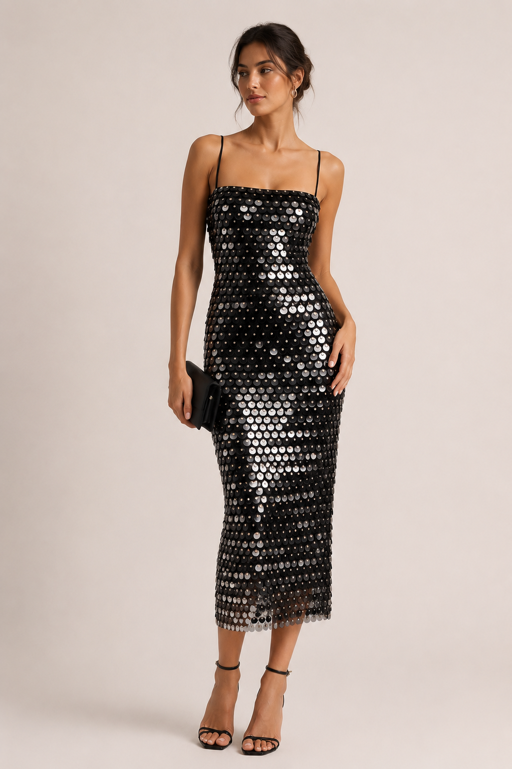 Vestido midi mujer cóctel lentejuelas tirantes finos silueta ceñida – Senta