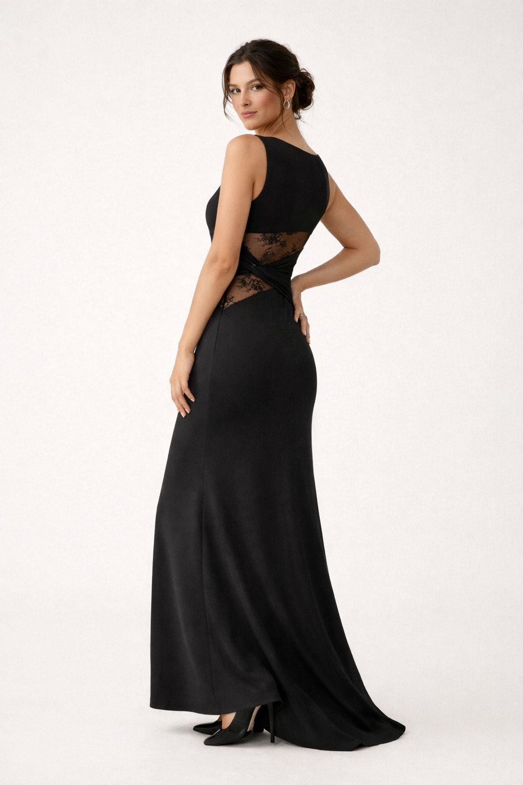 Vestido largo ajustado con detalle de encaje y drapeado lateral para mujer - Elara