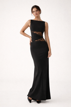 Vestido largo ajustado con detalle de encaje y drapeado lateral para mujer - Elara