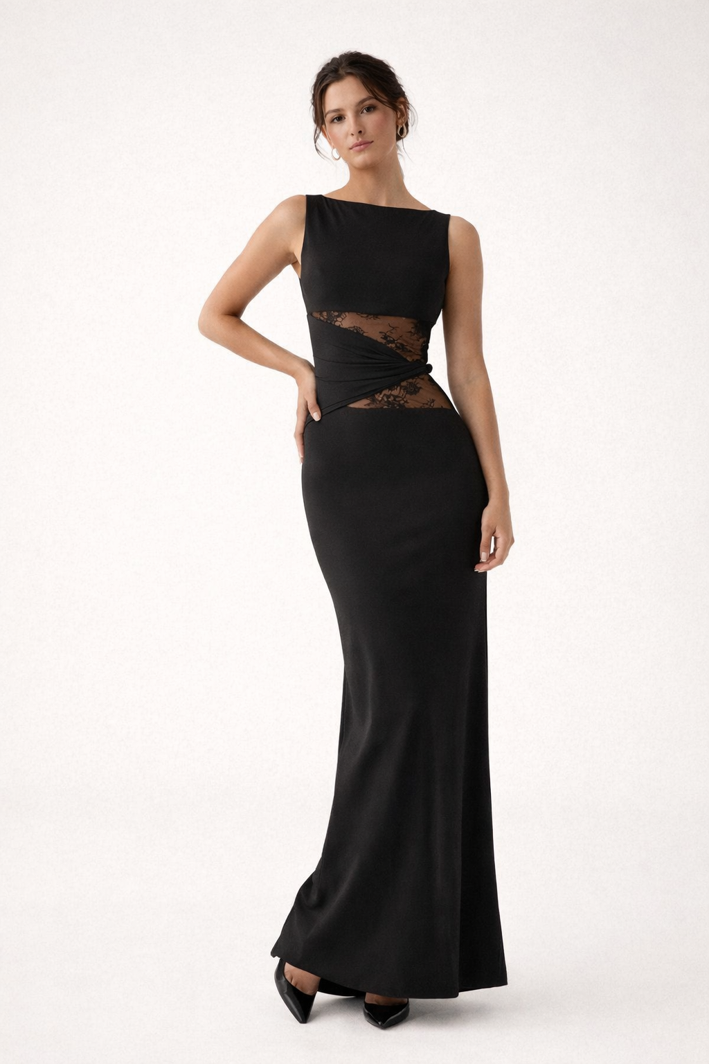 Vestido largo ajustado con detalle de encaje y drapeado lateral para mujer - Elara
