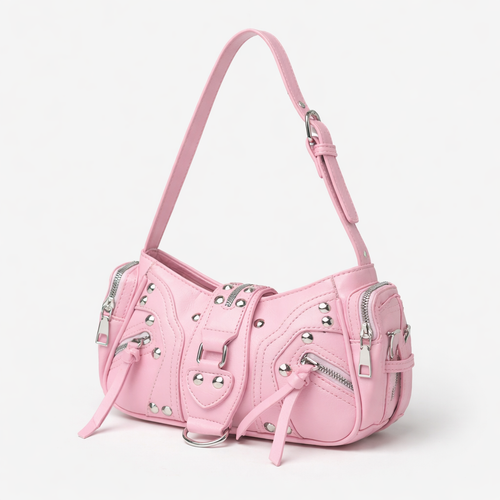 Bolso de hombro con tachuelas metálicas y bolsillos con cremallera para mujer
