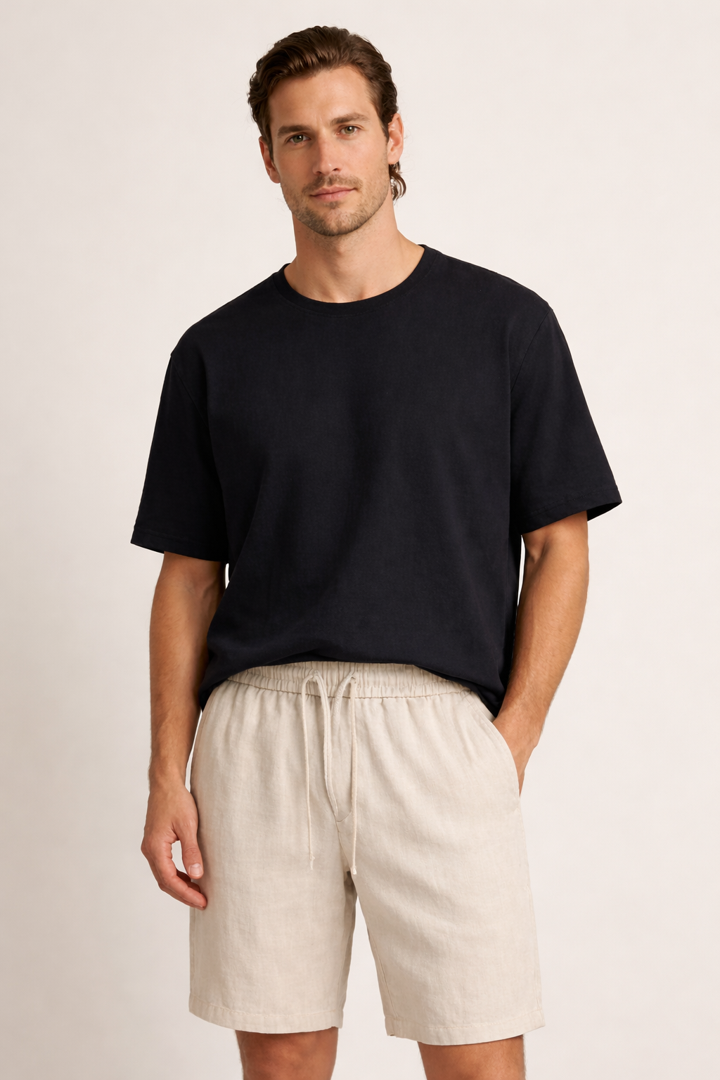 Pantalón corto de lino con cintura elástica y cordón ajustable para hombre - Lecce