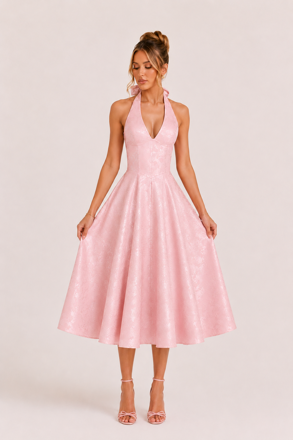 Vestido midi mujer halter falda amplia elegante - Ebony
