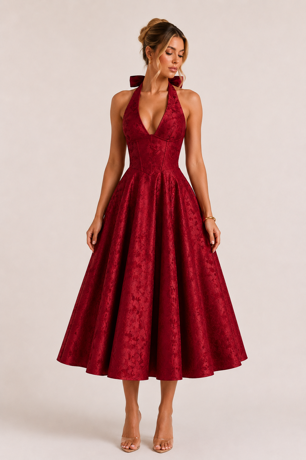 Vestido midi mujer halter falda amplia elegante - Ebony
