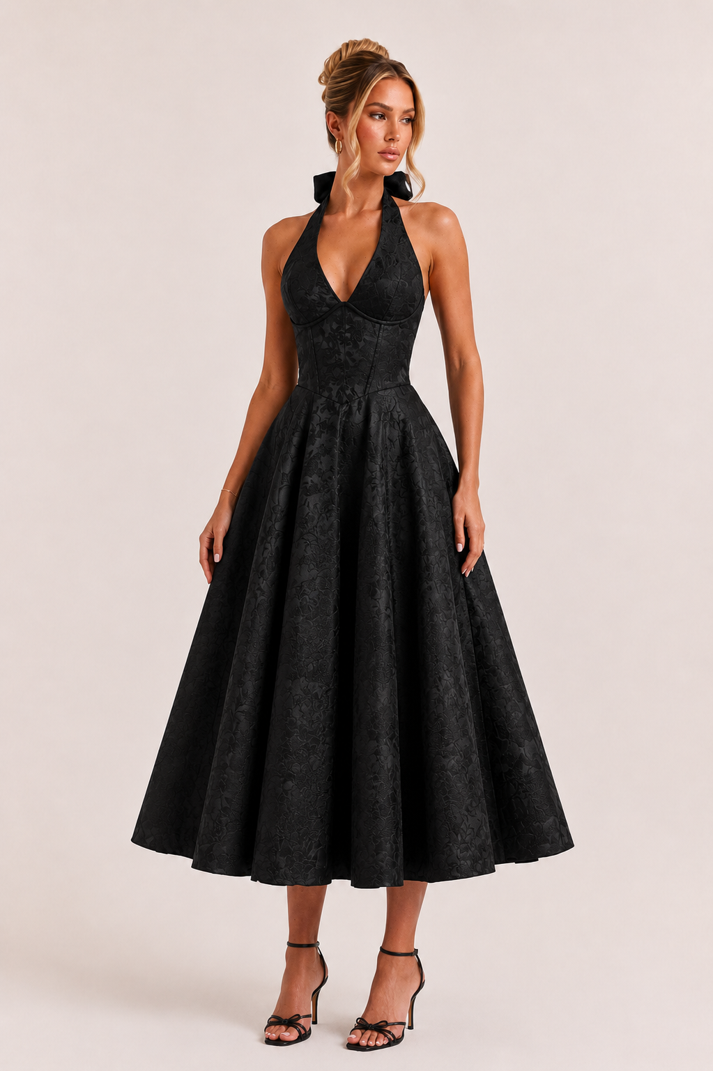 Vestido midi mujer halter falda amplia elegante - Ebony