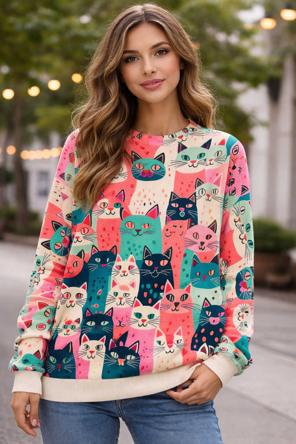 Suéter de mujer con estampado artístico de gatos - Lirwen