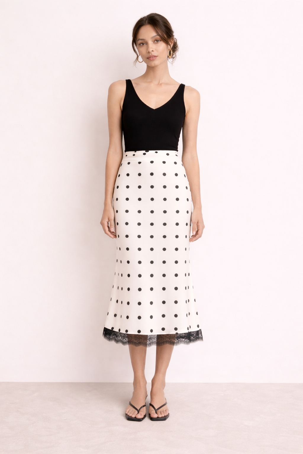 Falda midi mujer estampado lunares detalle encaje estilo elegante - Solenne