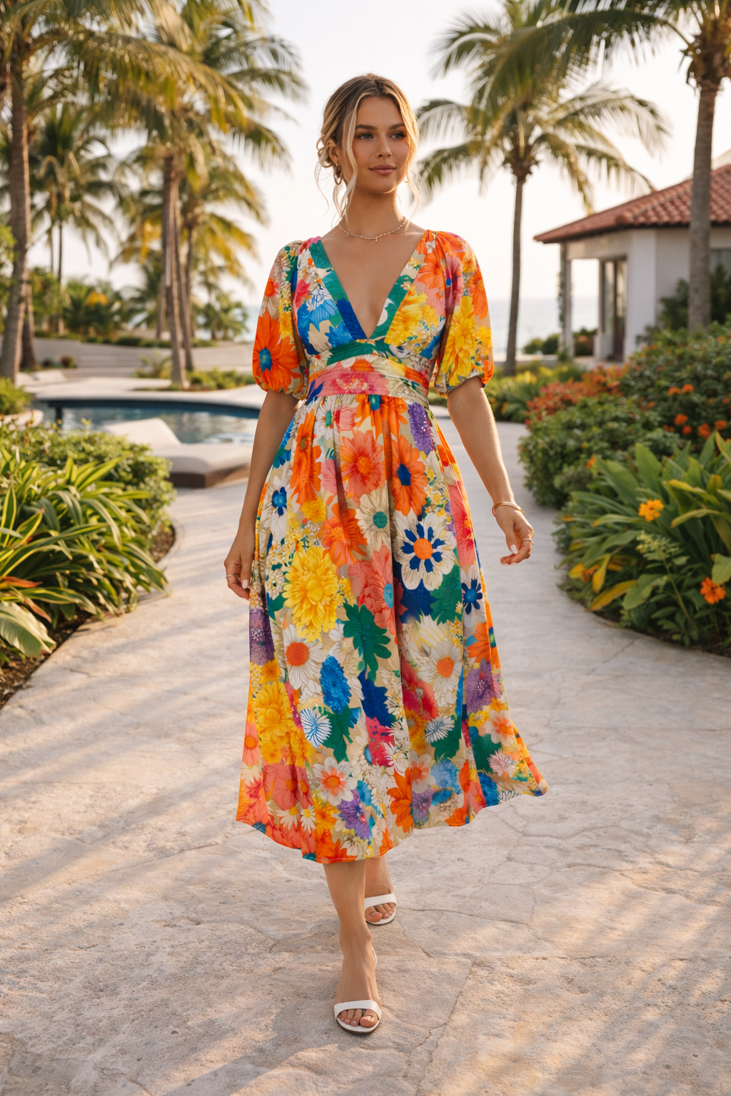 Vestido midi estampado floral escote en V manga corta abullonada - Elviane