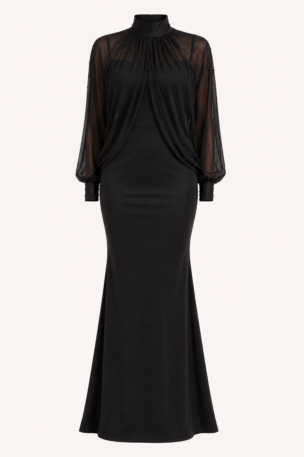 Vestido largo mujer dos piezas manga transparente corte sirena – Celeste