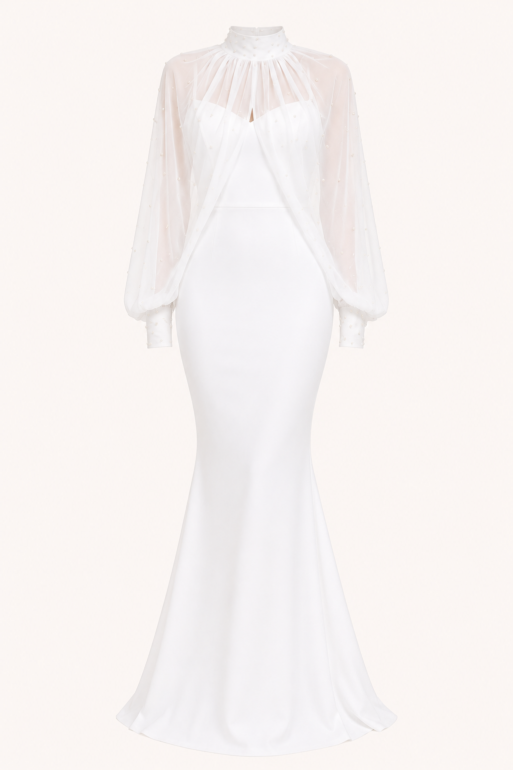 Vestido largo mujer dos piezas manga transparente corte sirena – Celeste
