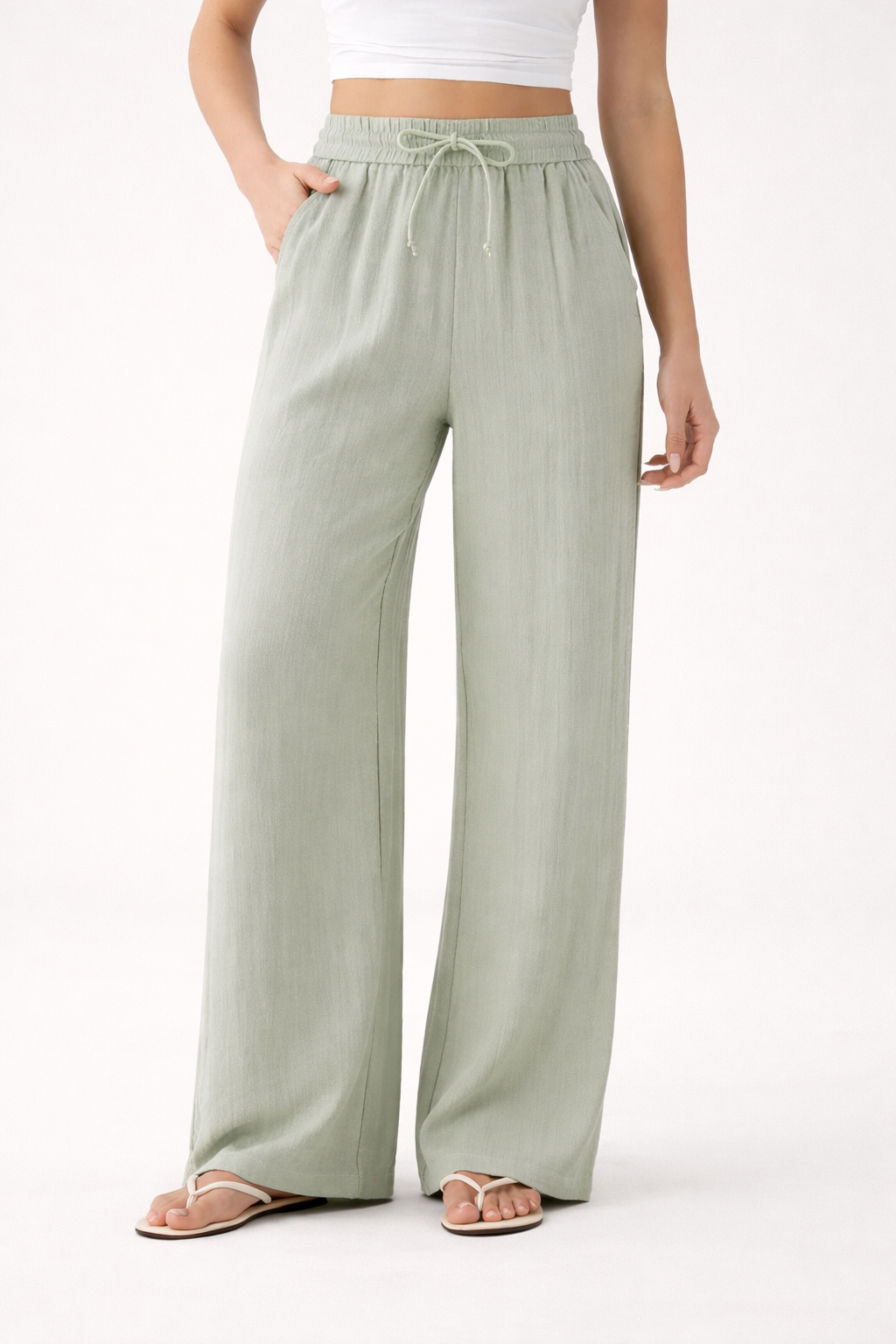 Pantalón ancho de lino con cintura elástica y cordón ajustable para mujer - Brisa