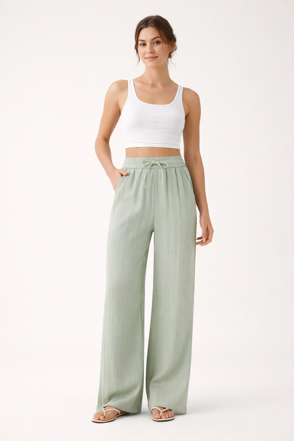 Pantalón ancho de lino con cintura elástica y cordón ajustable para mujer - Brisa
