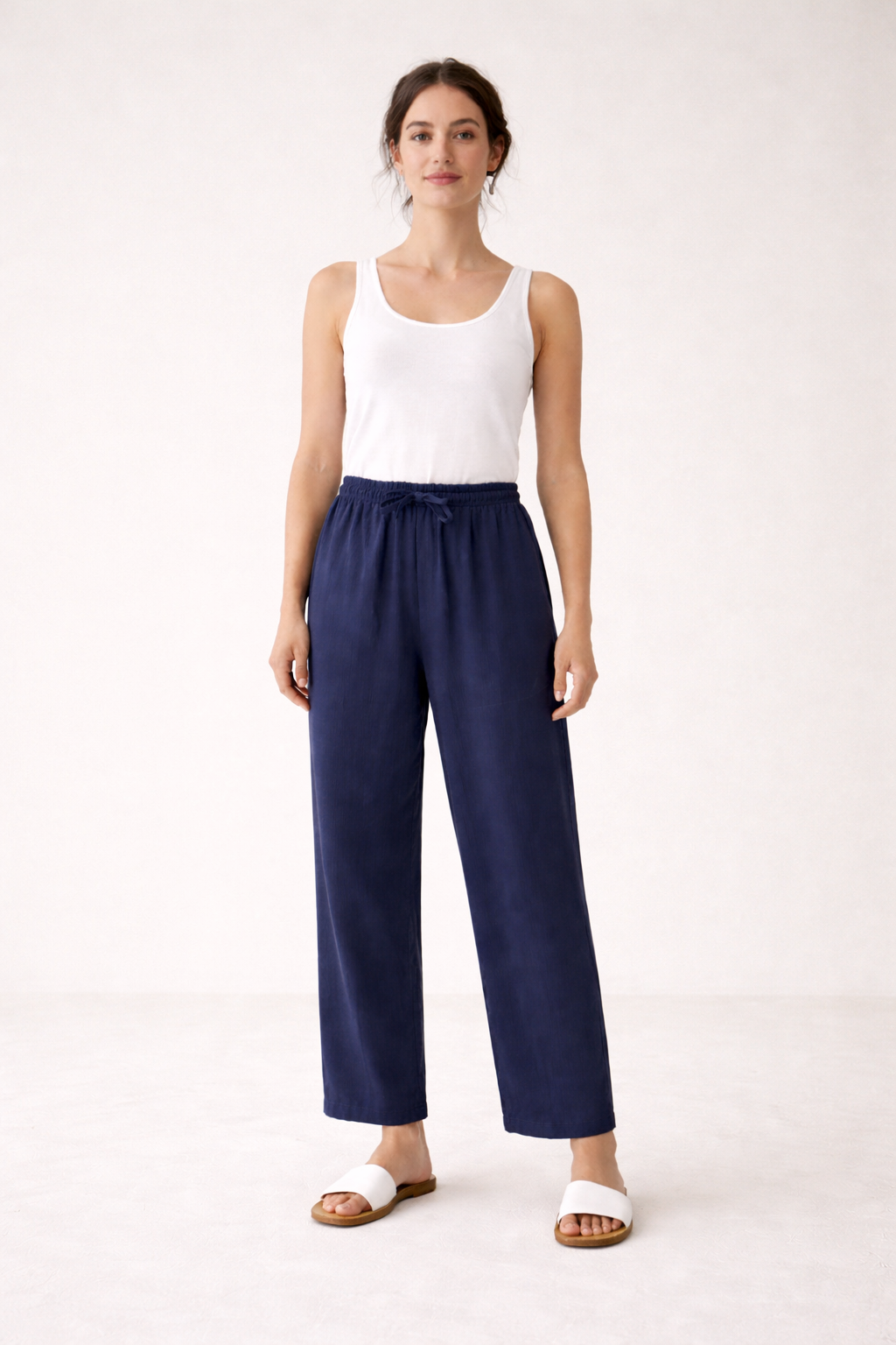 Pantalón ancho de lino con cintura elástica y cordón para mujer - Nerea