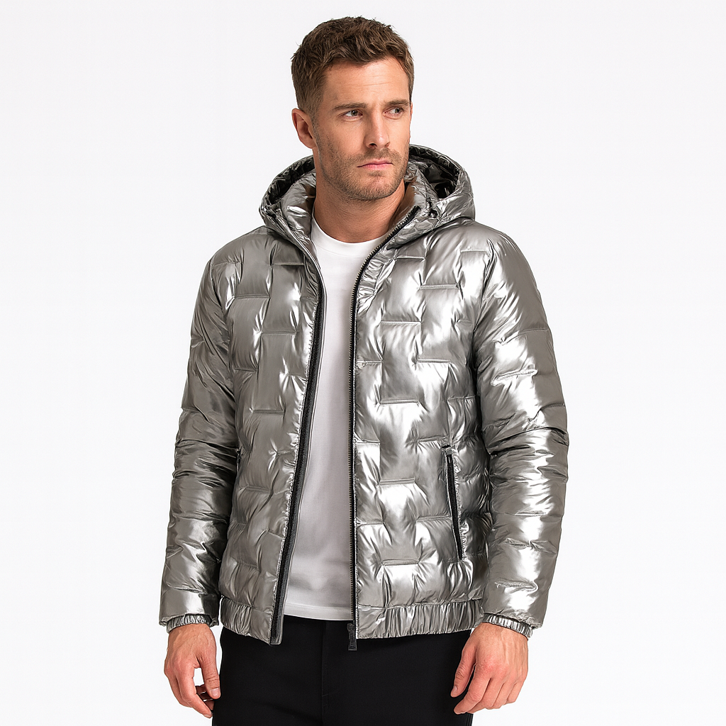 Chaqueta acolchada hombre plateada metalizada capucha ligera llamativa moderna - Luuk