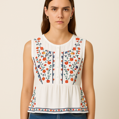 Blusa sin mangas bordado floral bohemio - Alondra