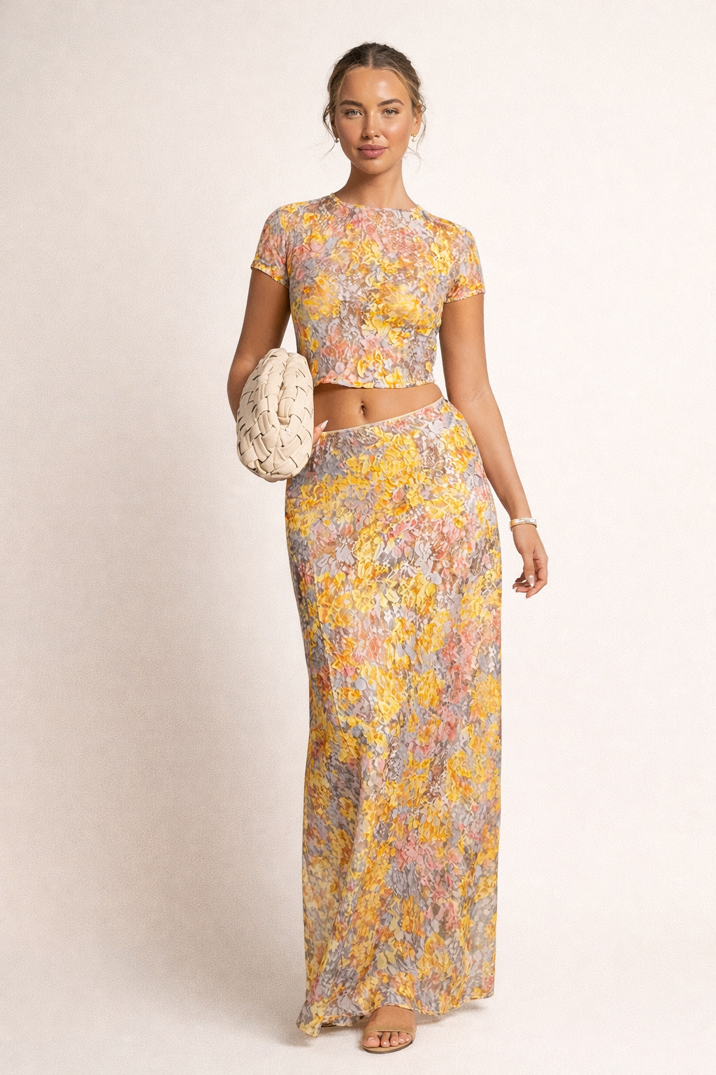 Conjunto para mujer con top corto y falda larga estampada - Selira