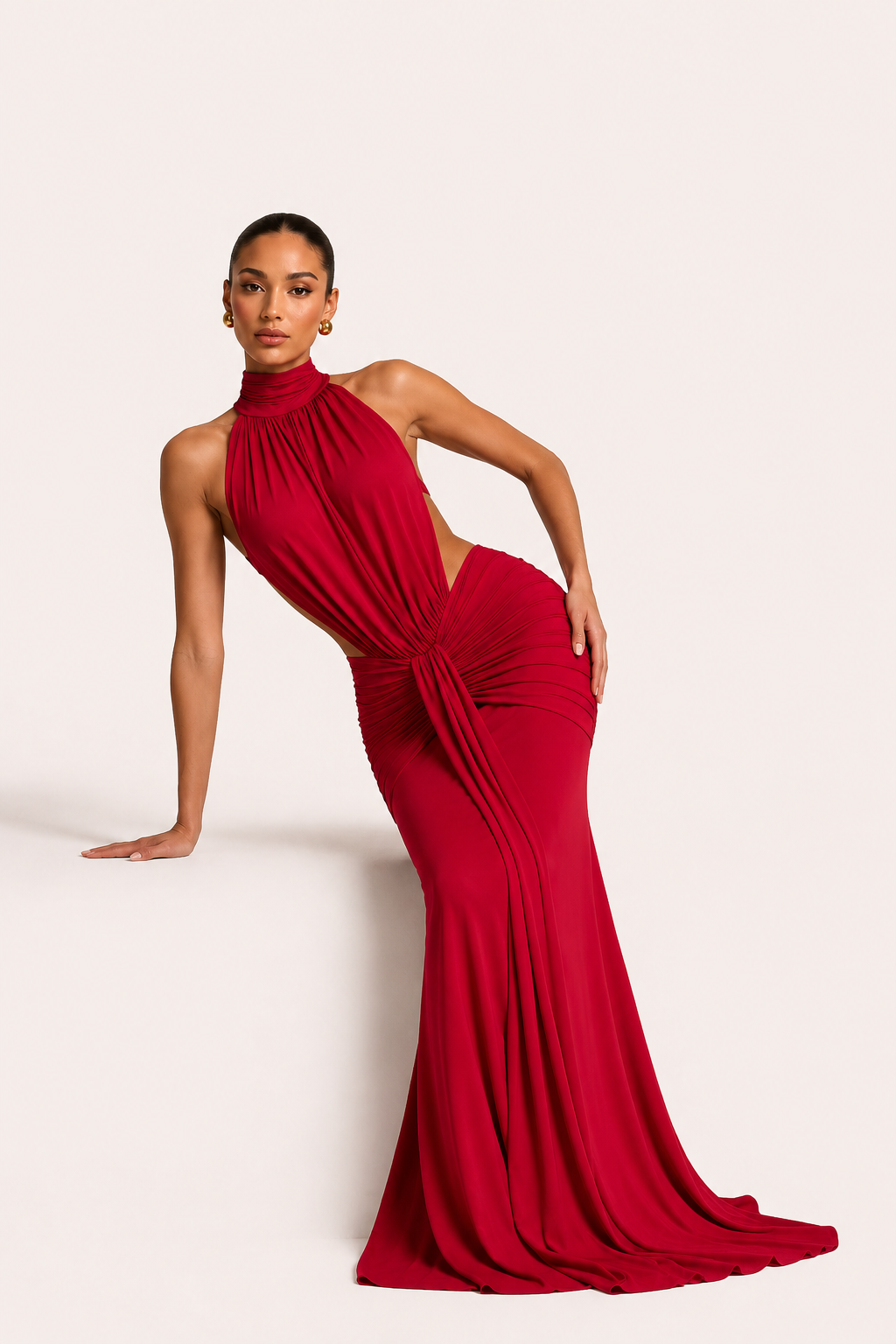 Vestido largo mujer halter fruncido ajustado elegante gala – Klara
