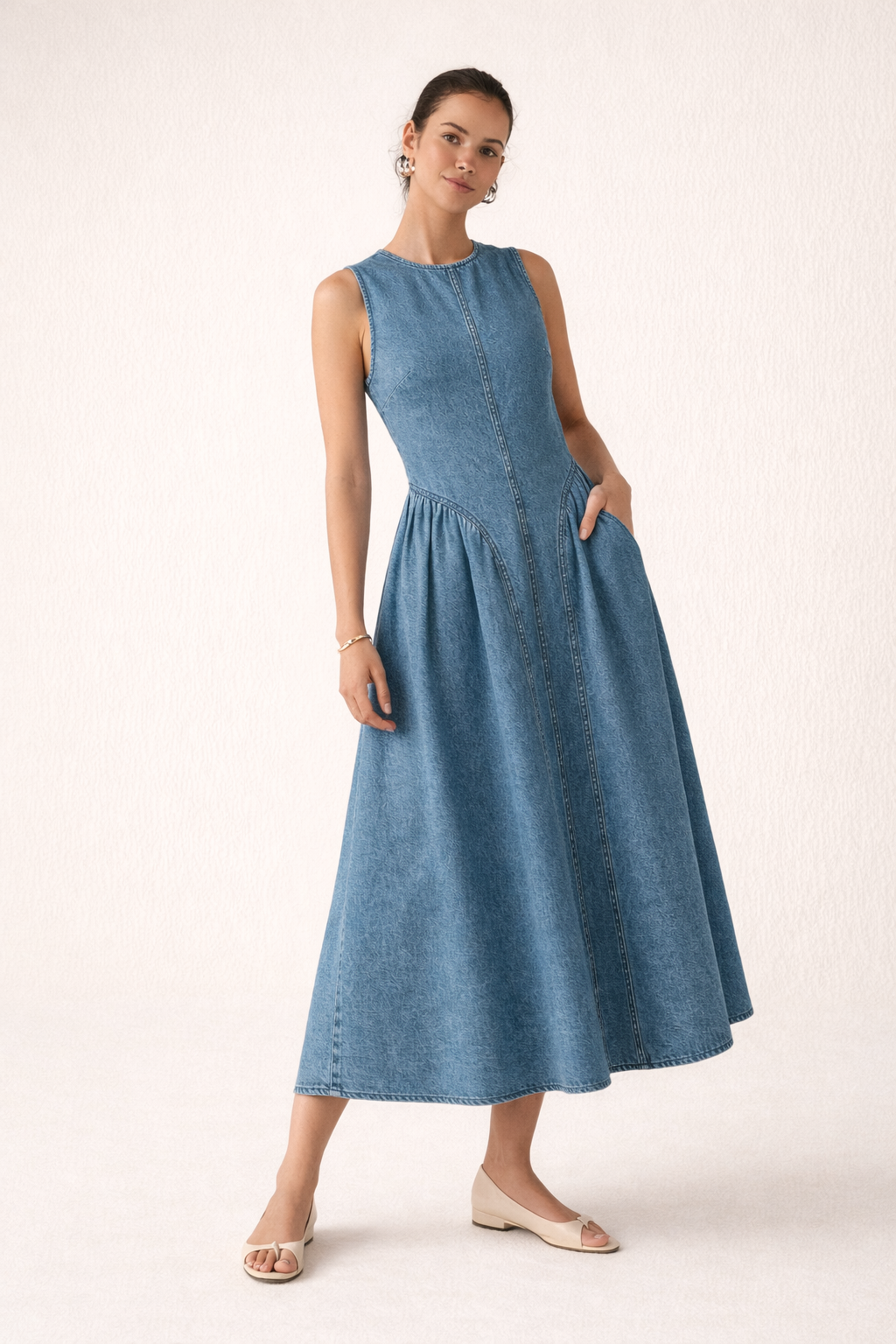 Vestido midi denim sin mangas vestido amplio casual verano - Keyla