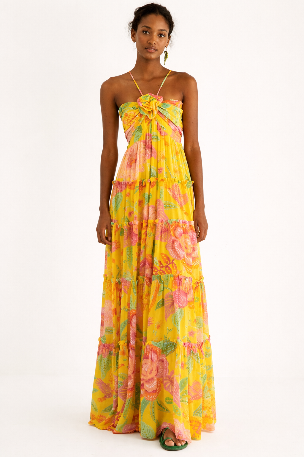Vestido largo de mujer con tirantes finos y falda floral - Lirena