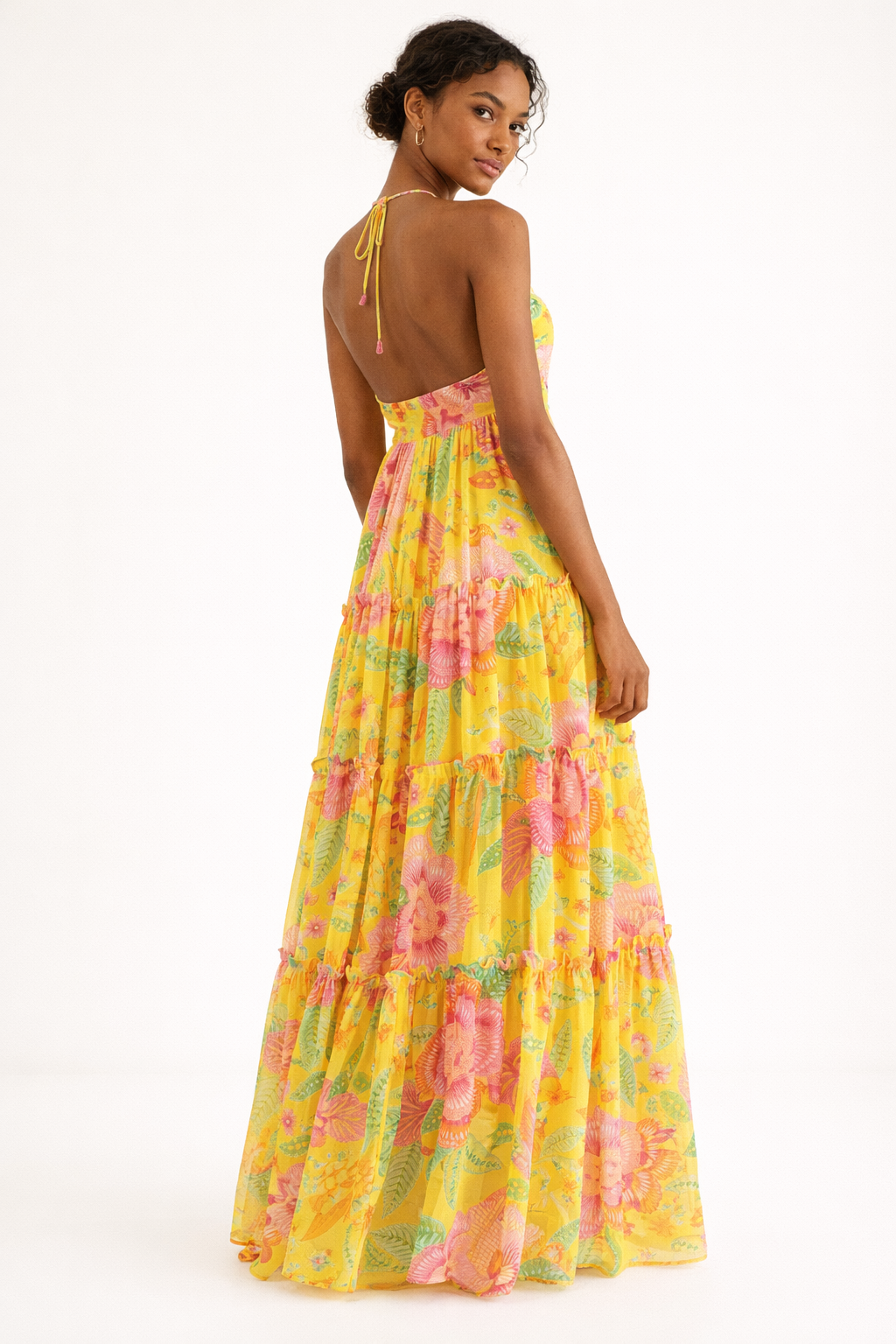 Vestido largo de mujer con tirantes finos y falda floral - Lirena