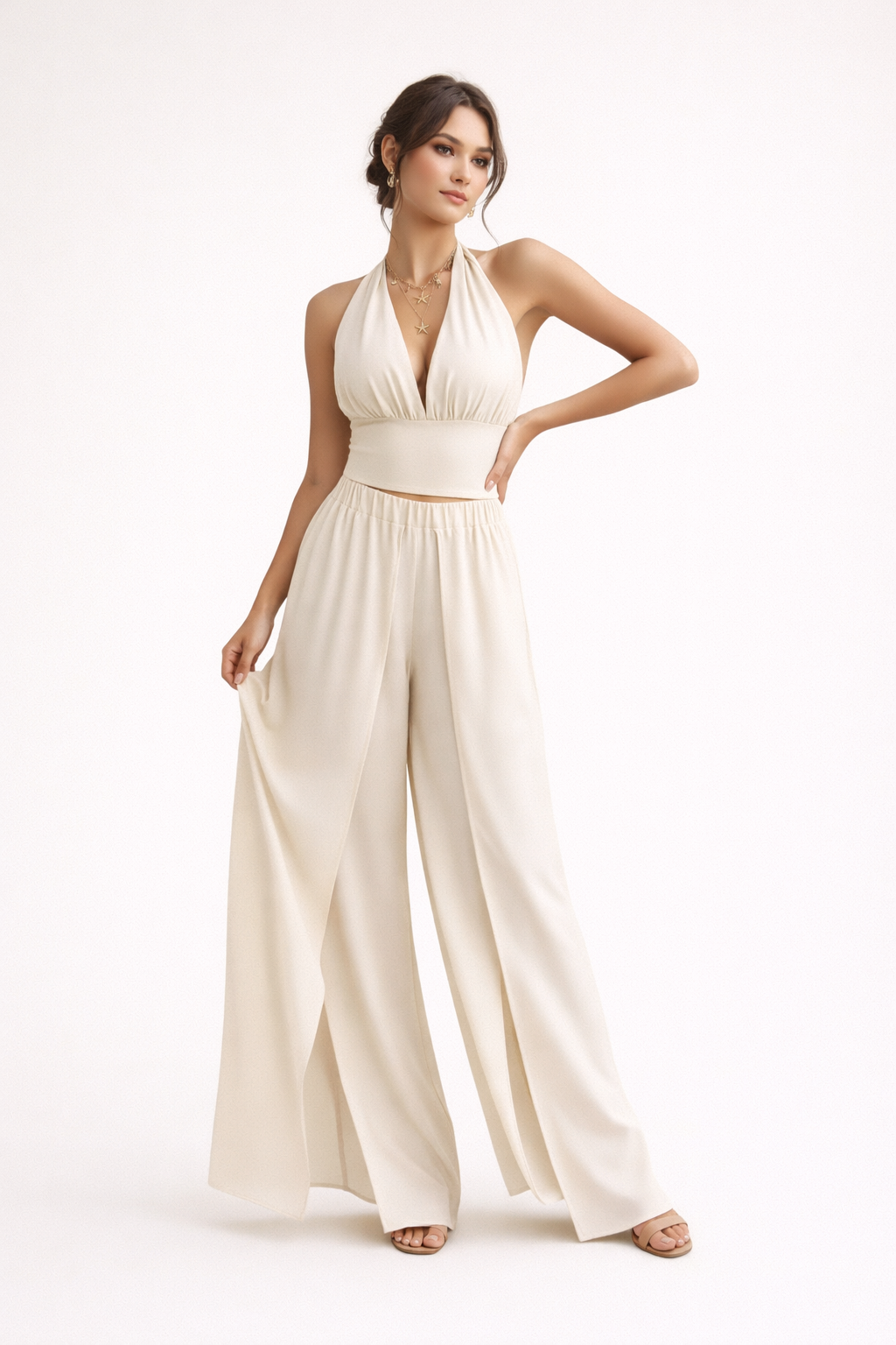 Conjunto de mujer halter con pantalón amplio de tiro alto - Arelia