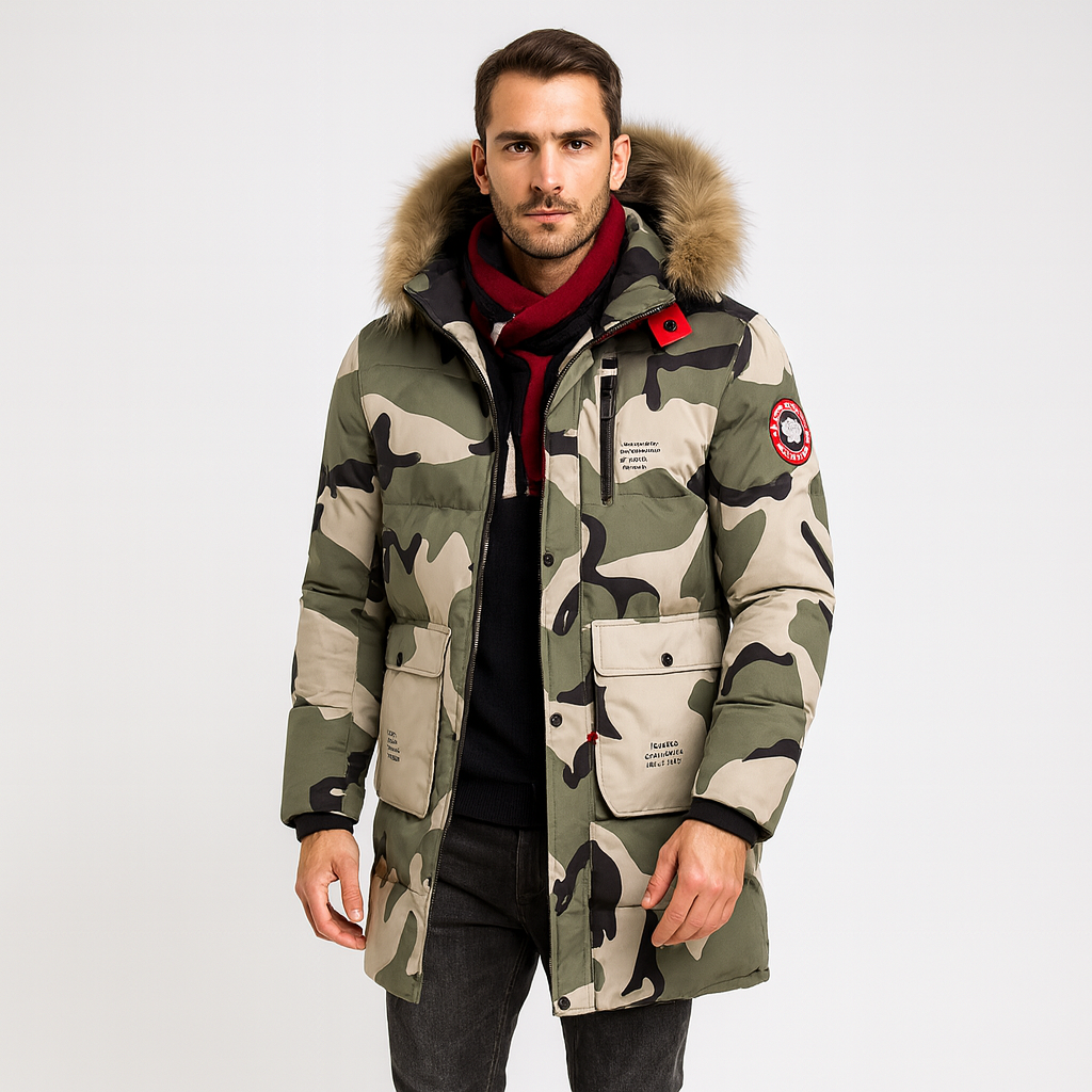Parka acolchada hombre estampado camuflaje larga térmica capucha pelo invierno - Leonard