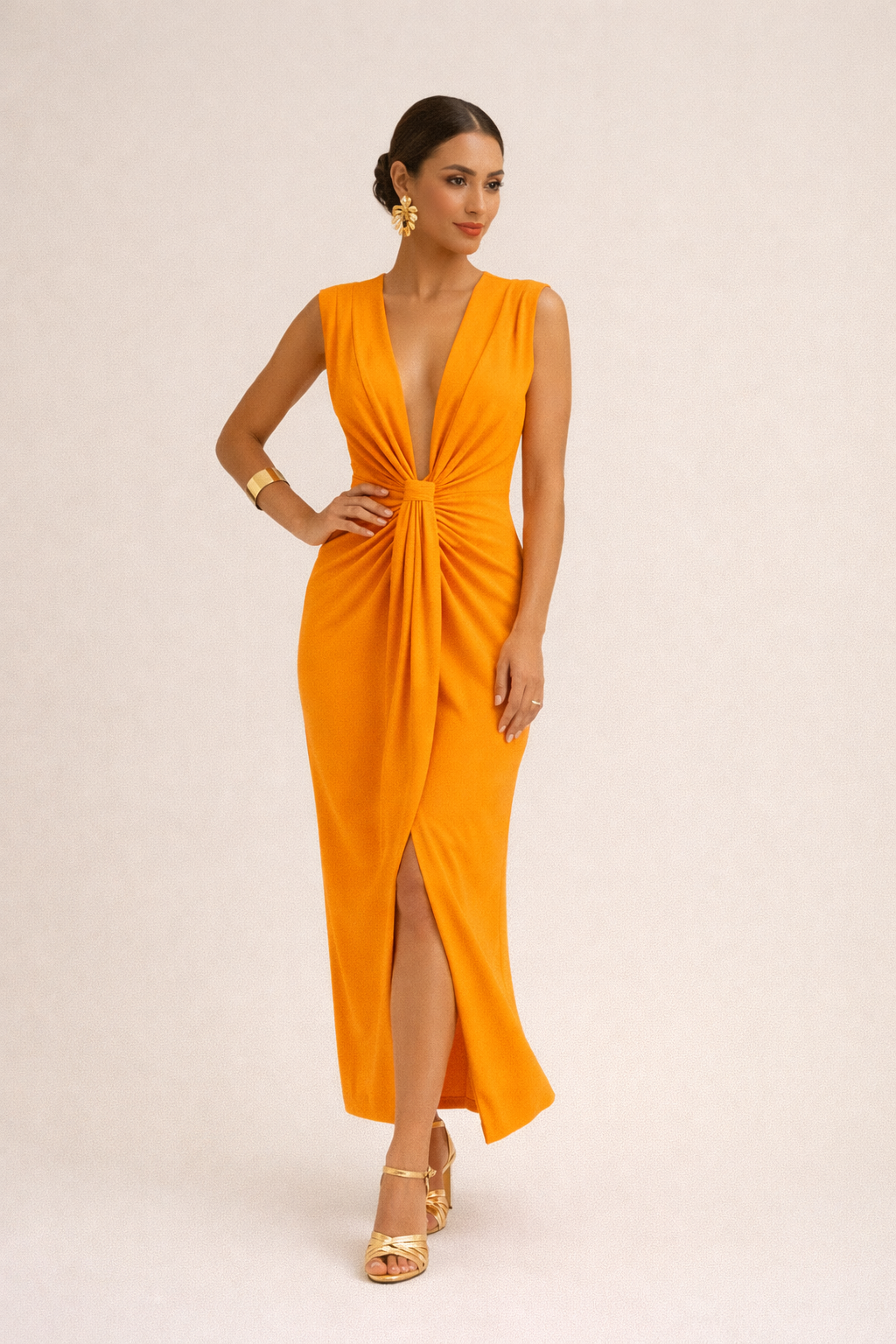 Vestido midi mujer ajustado fruncido escote V fiesta - Julia