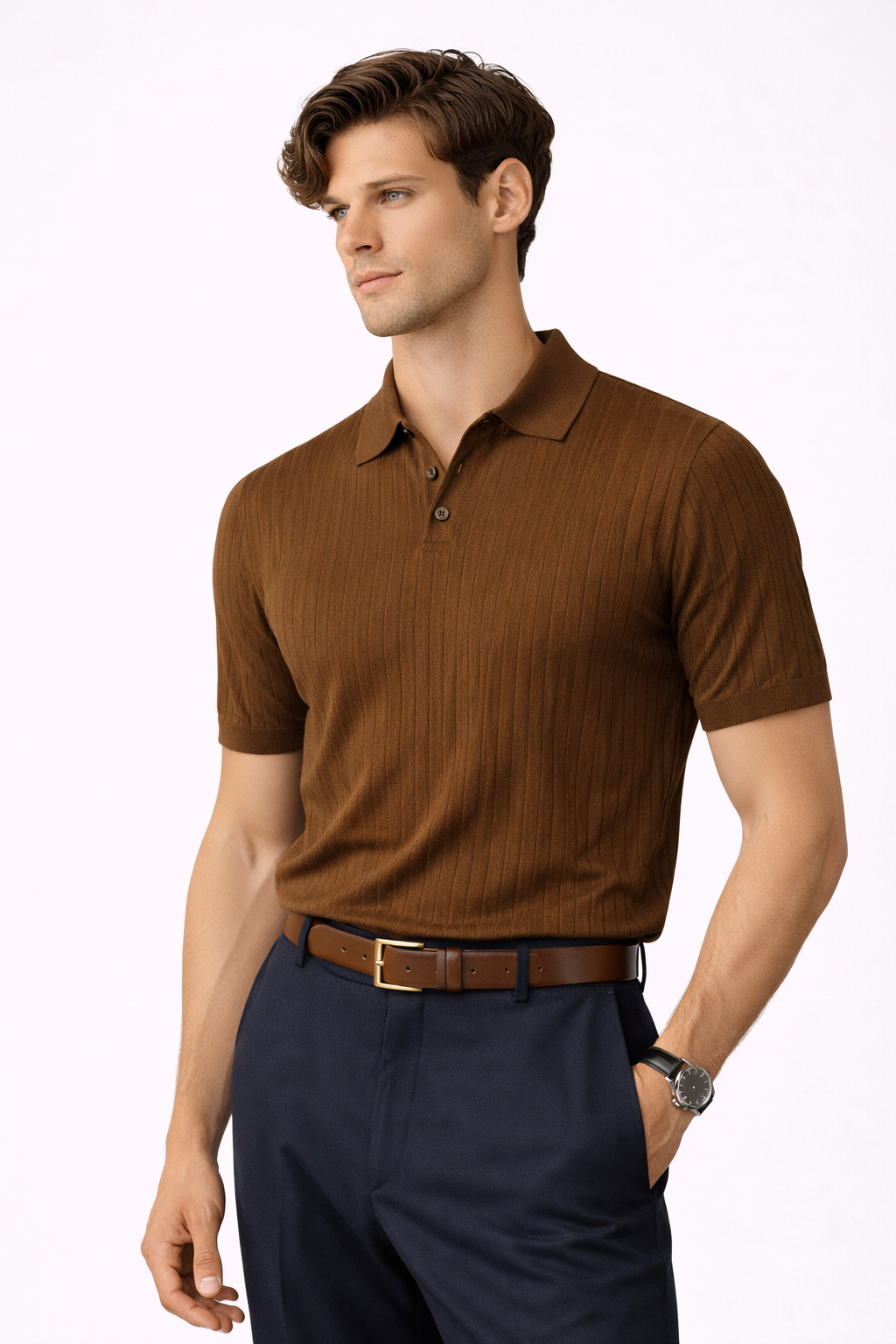 Polo para hombre ajuste slim con textura vertical y cuello abierto - Darel