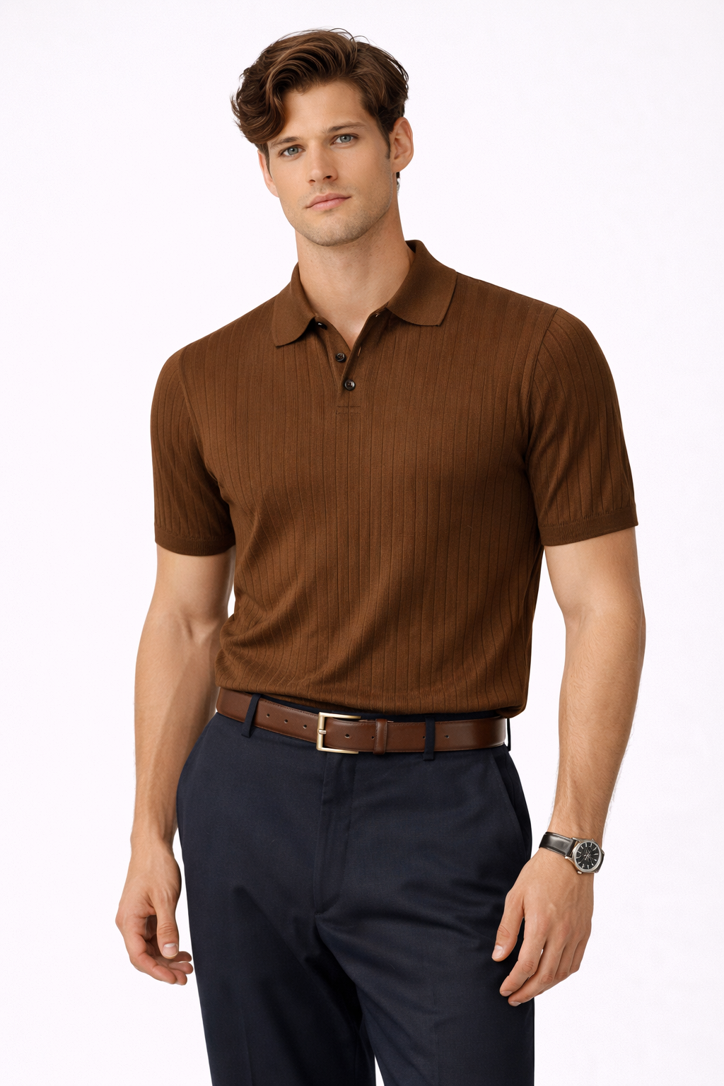 Polo para hombre ajuste slim con textura vertical y cuello abierto - Darel