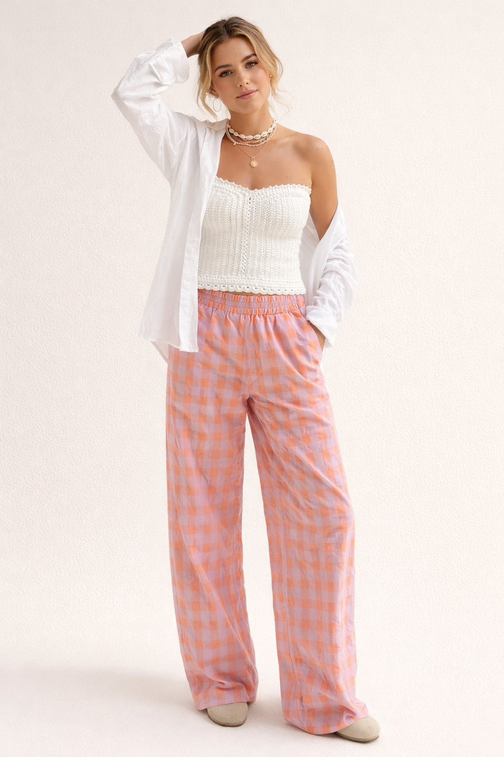 Pantalón mujer cuadros tiro alto y pierna recta - Nara