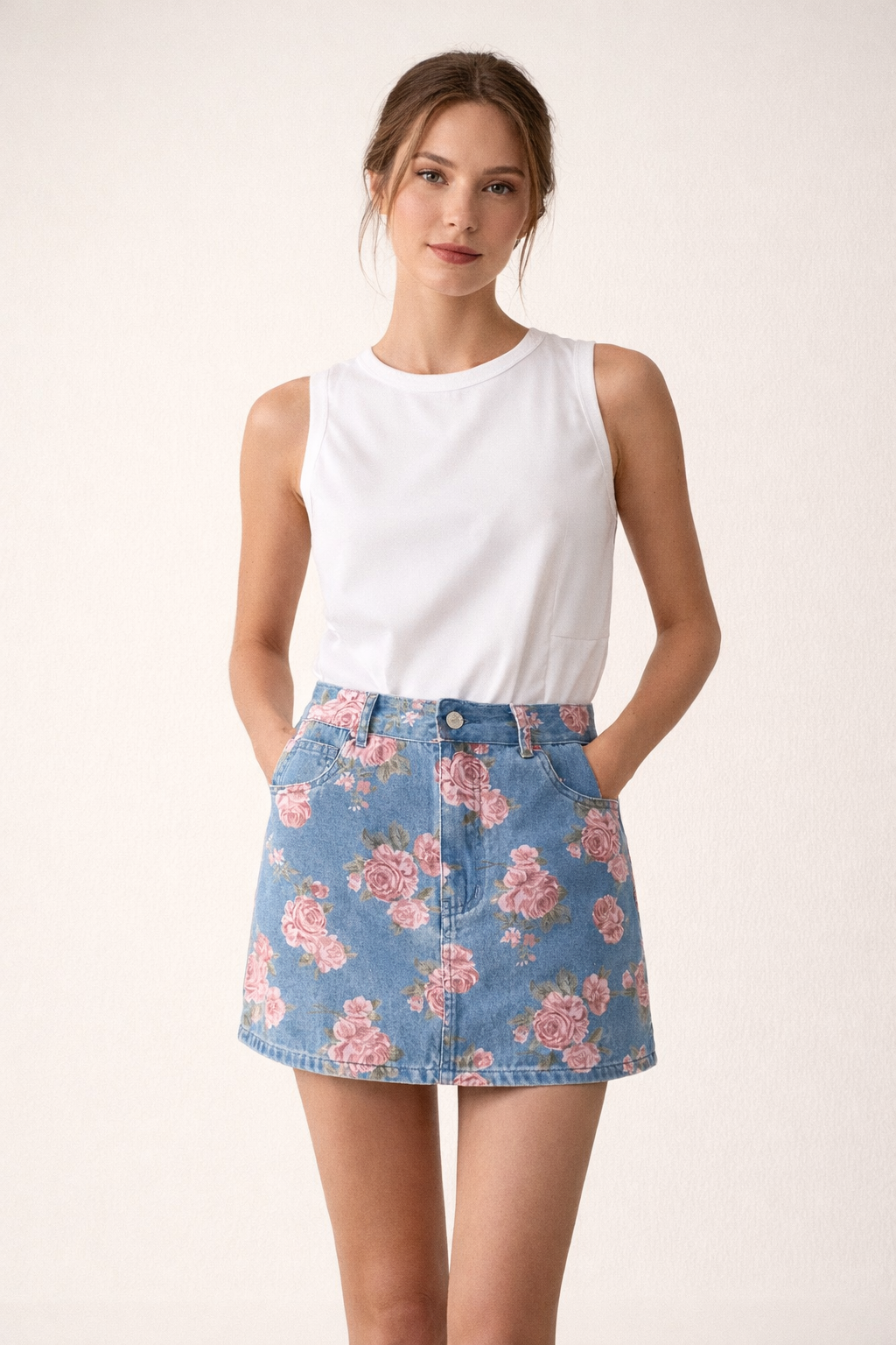 Falda mujer denim con estampado floral y corte recto - Letty