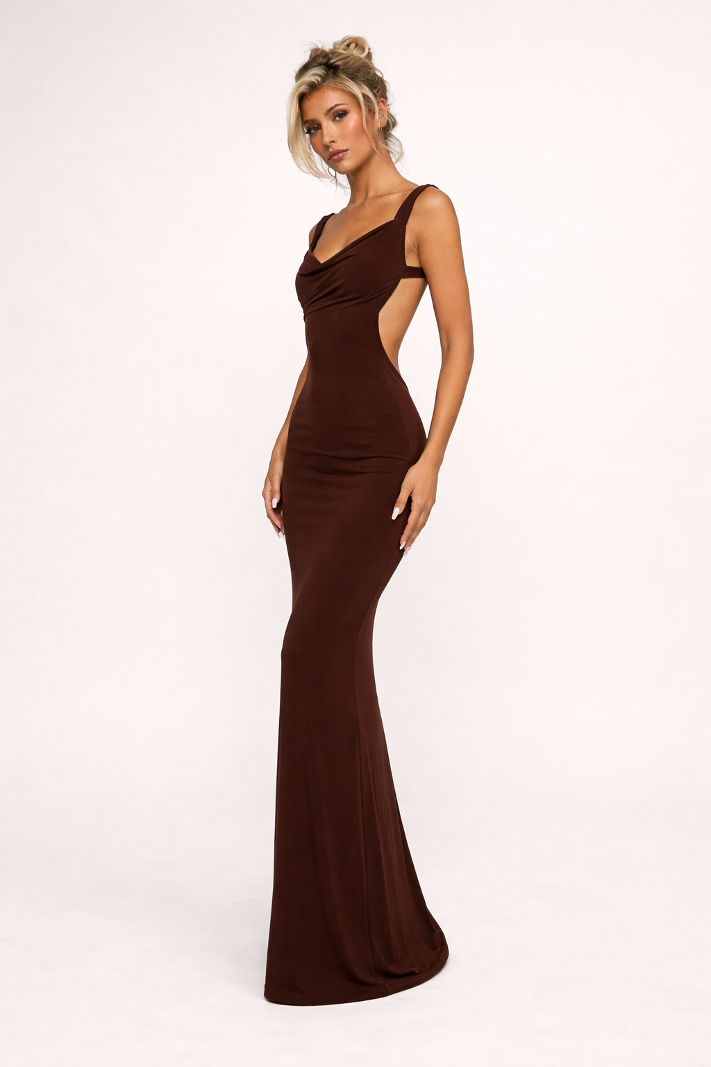 Vestido maxi ajustado mujer elegante escote drapeado sin mangas - Renata