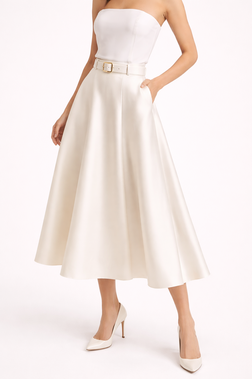 Falda satén mujer midi elegante cintura alta - Estelle