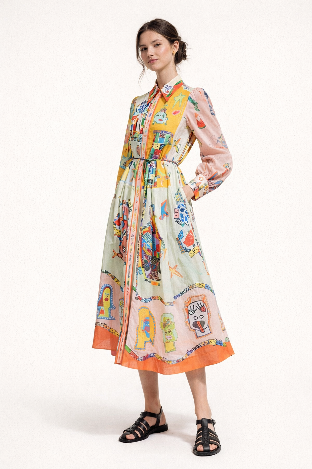 Vestido midi camisero estampado con manga amplia para mujer - Daniela
