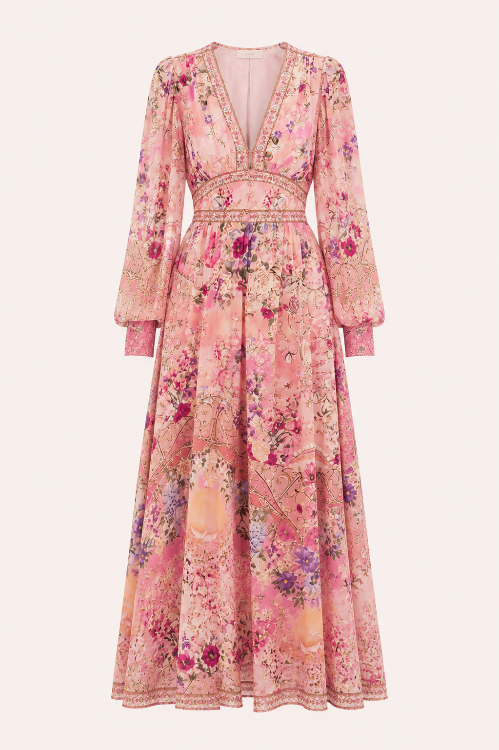 Vestido midi mujer escote V cintura alta manga abullonada - Connie