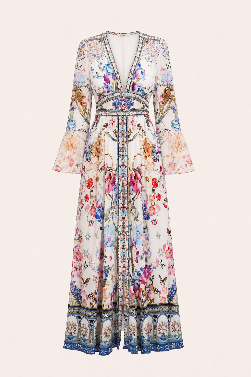 Vestido midi mujer escote V cintura alta manga abullonada - Connie