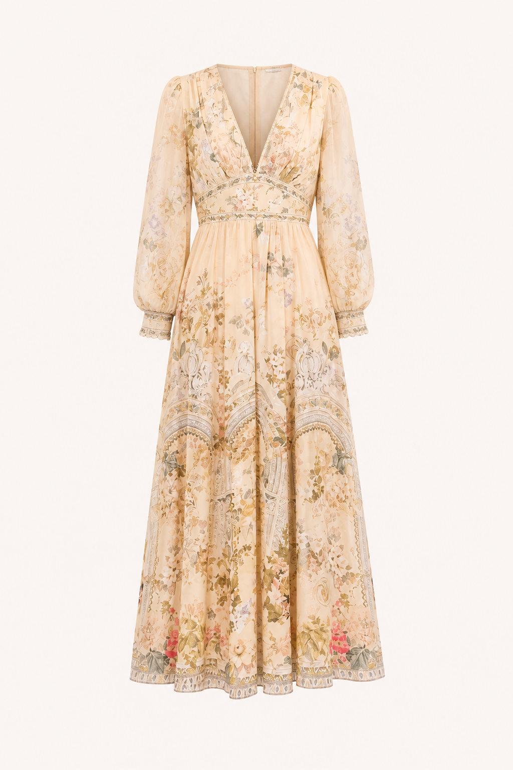 Vestido midi mujer escote V cintura alta manga abullonada - Connie
