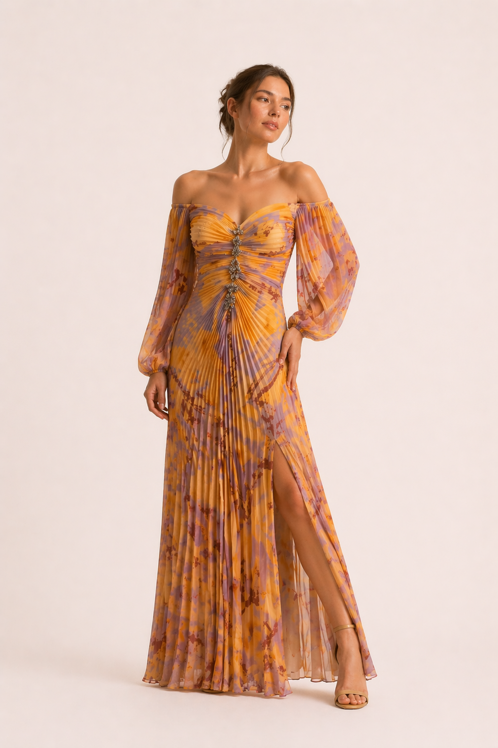 Vestido largo elegante mujer plisado abertura - Lucía