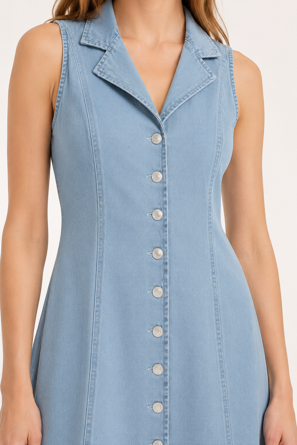 Vestido largo mujer denim sin mangas botones cuello solapa – Elara