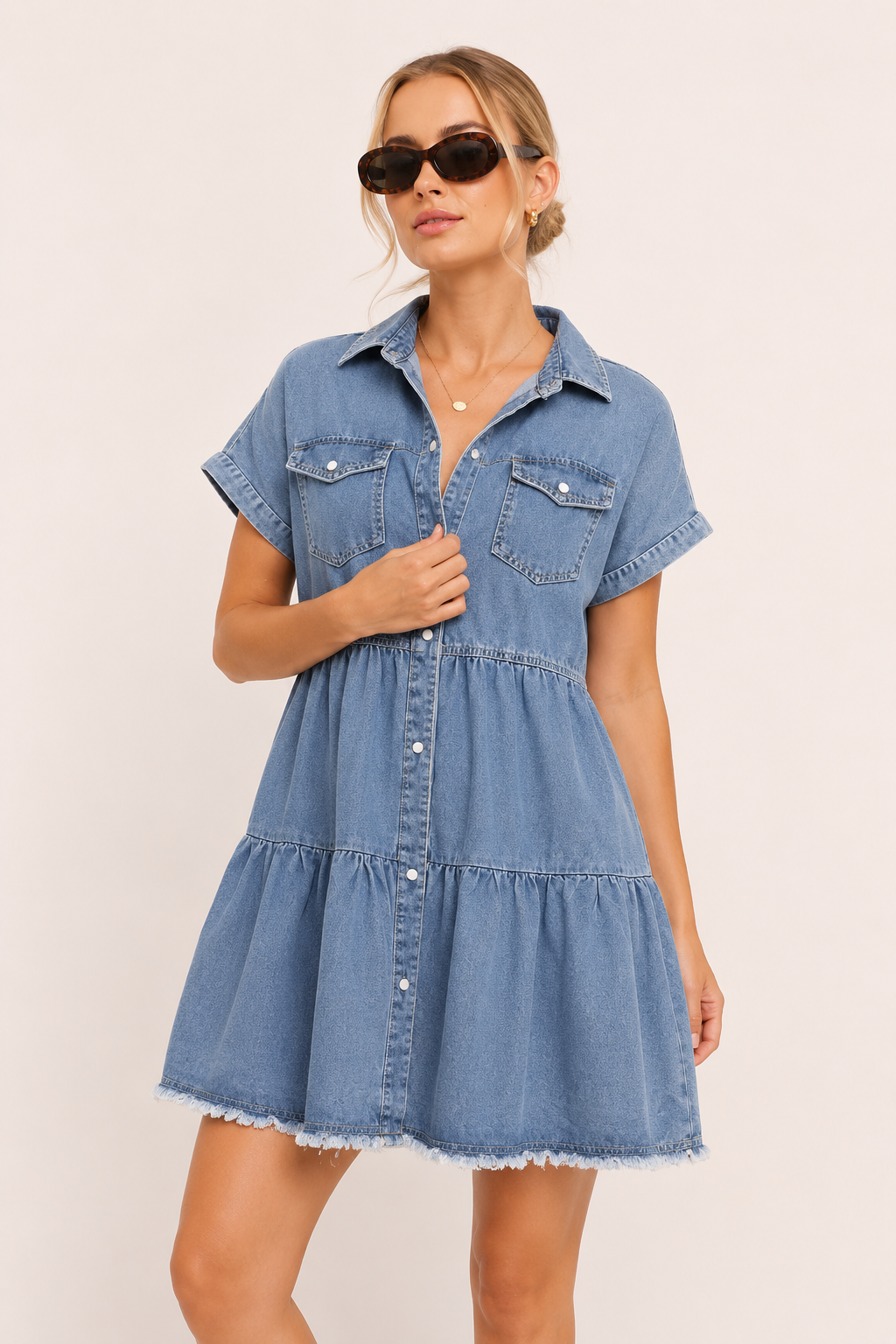 Vestido corto vaquero mujer manga corta falda por niveles – Heike