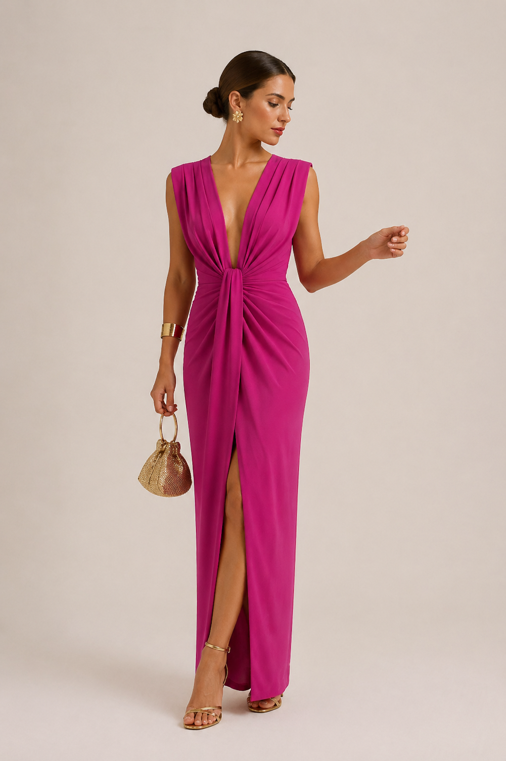 Vestido midi mujer ajustado fruncido escote V fiesta - Julia