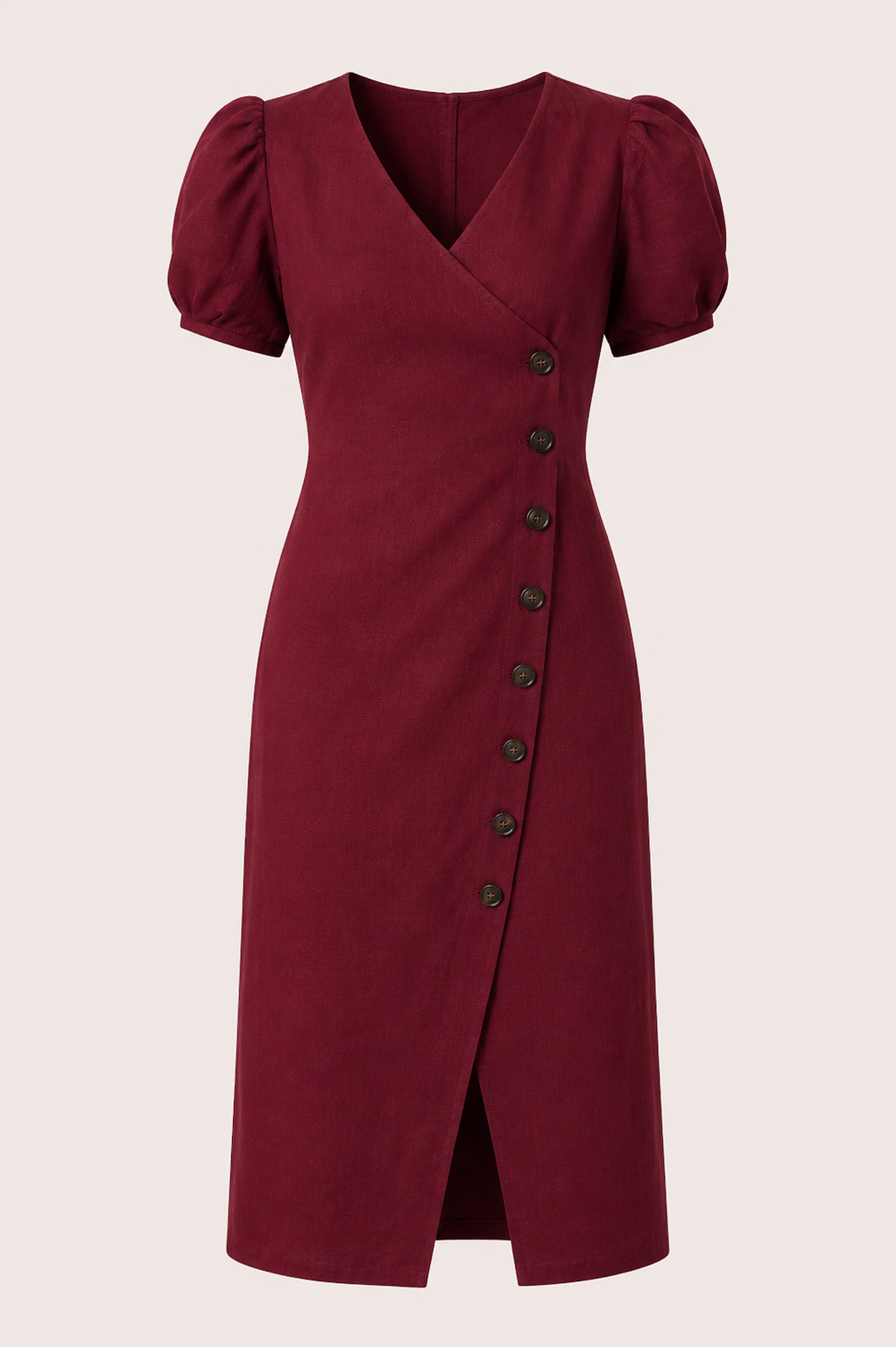 Vestido midi mujer escote V manga volumen botones costado – Gisela