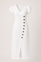 Vestido midi mujer escote V manga volumen botones costado – Gisela
