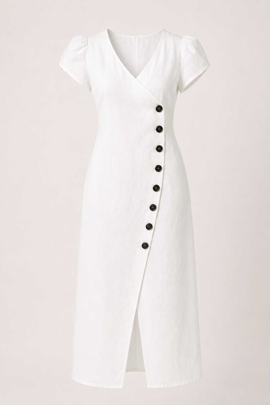 Vestido midi mujer escote V manga volumen botones costado – Gisela