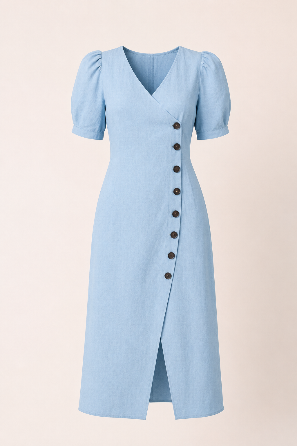 Vestido midi mujer escote V manga volumen botones costado – Gisela