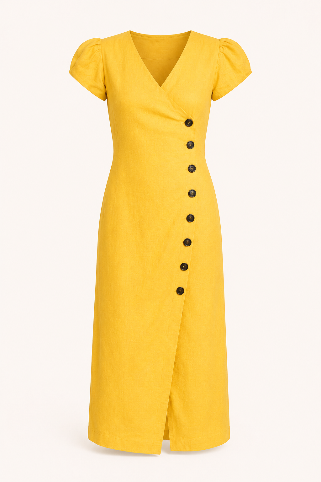 Vestido midi mujer escote V manga volumen botones costado – Gisela