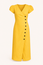 Vestido midi mujer escote V manga volumen botones costado – Gisela
