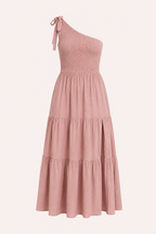 Vestido largo mujer un hombro lazo busto fruncido abertura – Karla