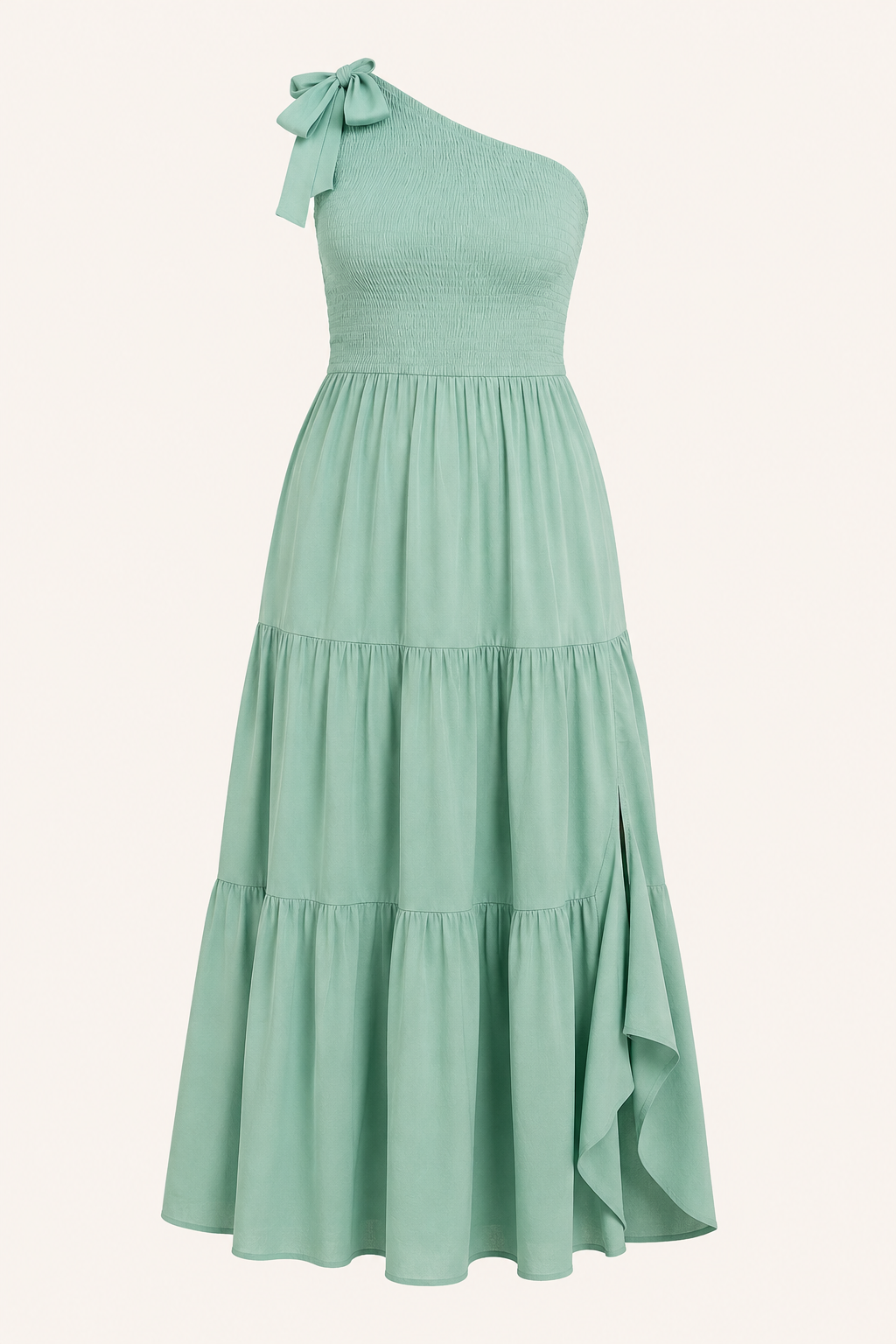 Vestido largo mujer un hombro lazo busto fruncido abertura – Karla